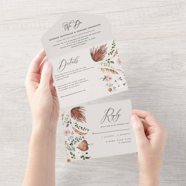 Rustic Boho Botanical Script Wedding Invitation All In One Einladung (Abreißen)
