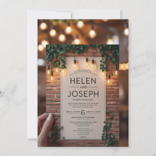Rustic Boho Brick Wall & String Lights Wedding Inv Einladung