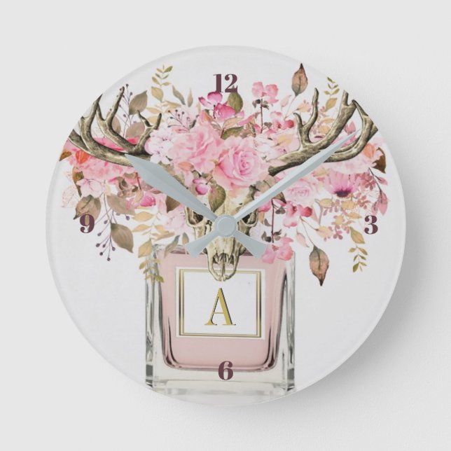 Rustic Boho Bull Skull Floral Monogram Chic Runde Wanduhr (Vorderseite)