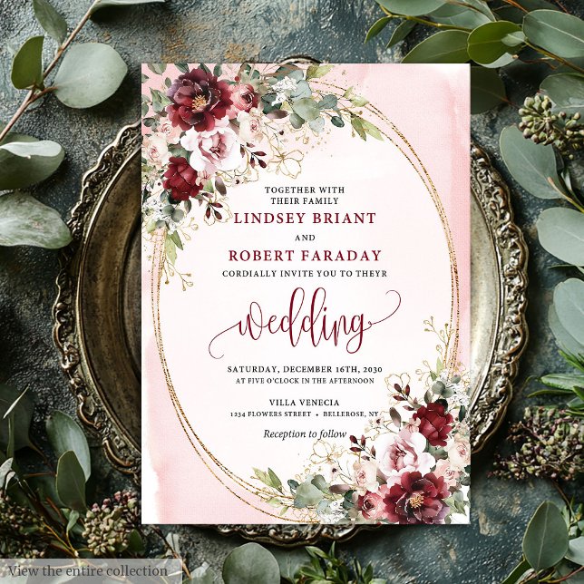 Rustic Boho Burgundy Blush Gold Floral Invitation Einladung (Rustic Boho Burgundy Blush Gold Floral Invitation)