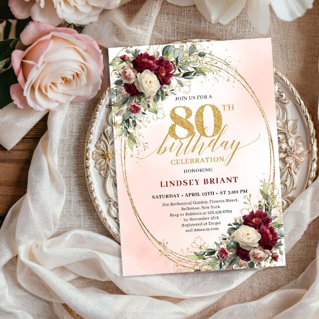 Rustic Boho Burgundy Floral 80th Birthday Invite Einladung (Rustic Boho Burgundy Floral 80th Birthday Invitation)