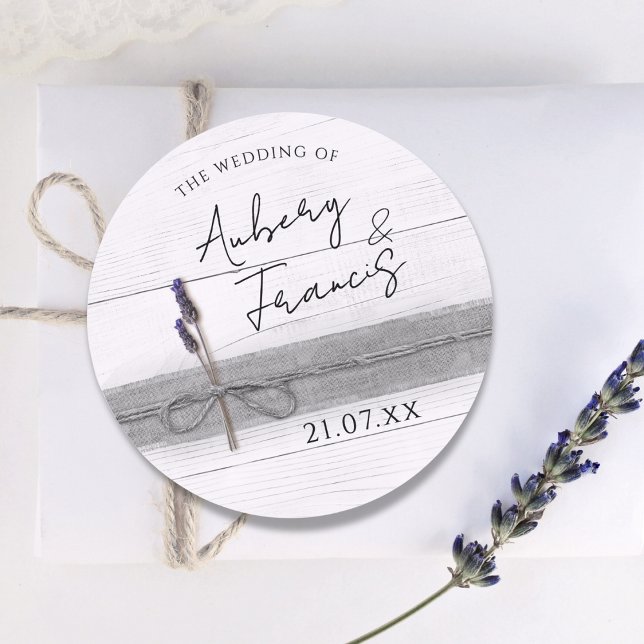 Rustic Boho Burlap Lavender Wildblume Wedding Runder Aufkleber (Von Creator hochgeladen)