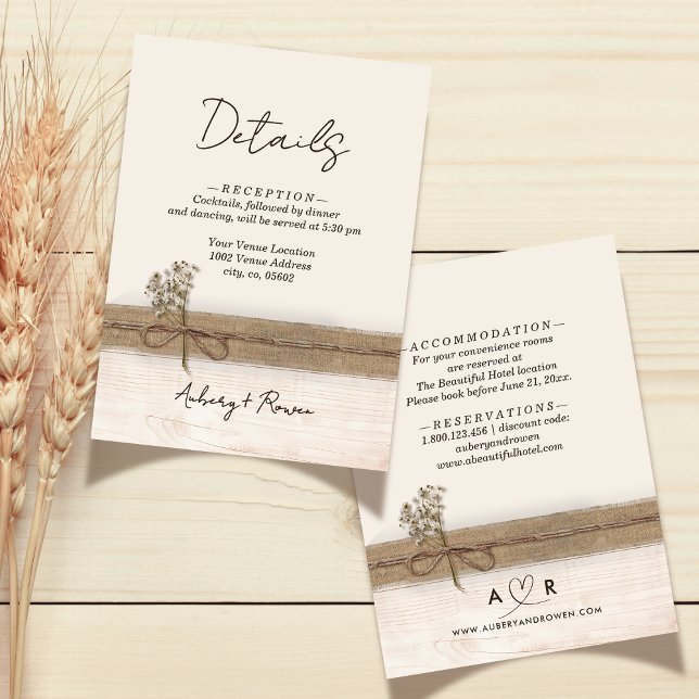 Rustic Boho Burlap Wood Wildblume Hochzeitdetails Begleitkarte (Von Creator hochgeladen)