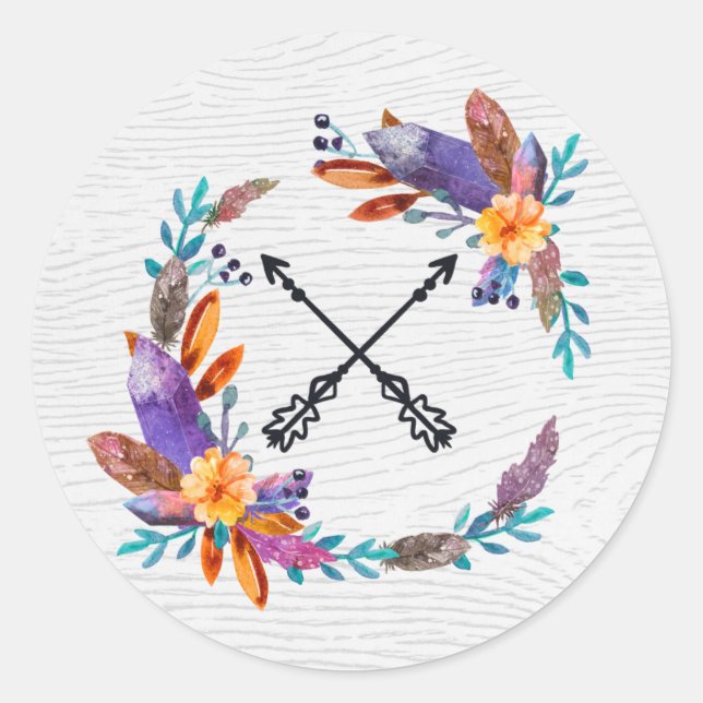 Rustic Boho Chic Crystal Gemis Feathers Watercolor Runder Aufkleber (Vorderseite)
