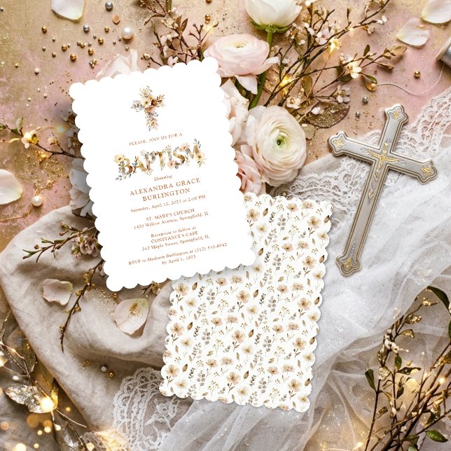 Rustic Boho Chic Floral Cross Baptism TMF26 Einladung (Rustic Boho Chic Floral Cross Baptism Invitation with Soft Earthy Botanical Accents and Delicate.)