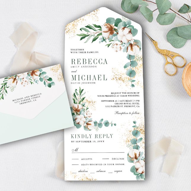 Rustic Boho Cotton Gold Eukalyptus Branch Wedding All In One Einladung (Von Creator hochgeladen)