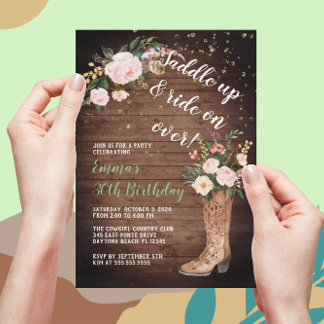 Rustic Boho Cowgirl Floral Boots Geburtstagsparty Einladung