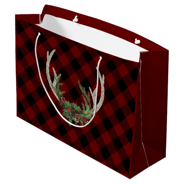 Rustic Boho Deer Antlers | Christmas Kariert Flora Große Geschenktüte (Rückseite Schrägansicht)