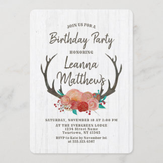 Rustic Boho Deer Antlers Geburtstagsparty Einladun Einladung