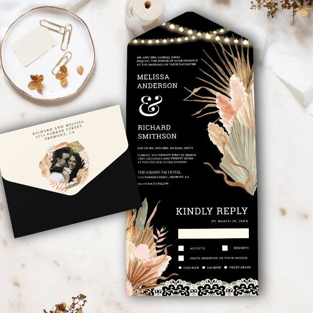 Rustic Boho Dried Palm Pampas Black Wedding All In One Einladung (Von Creator hochgeladen)