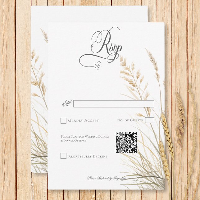 Rustic Boho Dried Tan Grass Wedding QR Code RSVP Karte (Rustic Boho Dried Tan Grass Wedding QR Code RSVP Card)