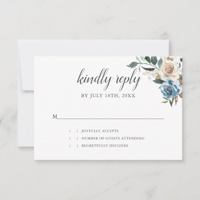 Rustic Boho Dusty Blue Flowers Wedding RSVP Karte (Vorderseite)