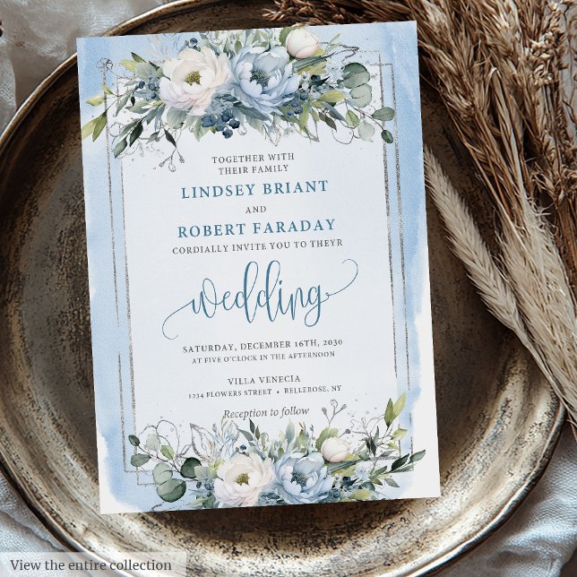 Rustic Boho Dusty Blue Silver Rose Hochzeit Einlad Einladung (Rustic Boho Dusty Blue Silver Roses Wedding Invitation)