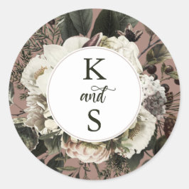 Rustic Boho Dusty Pink Floral Wedding Monogram Cla Runder Aufkleber