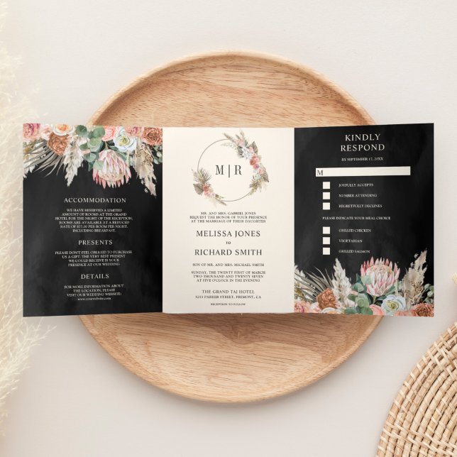 Rustic Boho Earthy Floral Pampas Black Wedding Dreifach Gefaltete Einladung (Von Creator hochgeladen)