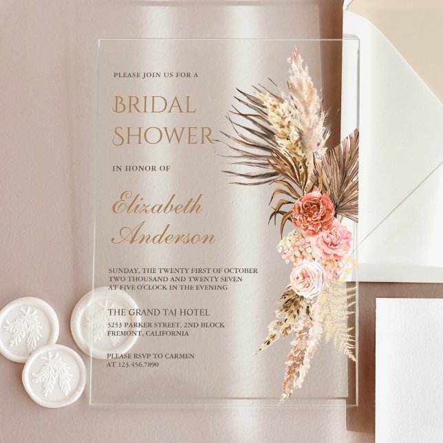 Rustic Boho Earthy Floral Pampas Bridal Shower Acryleinladungen (Von Creator hochgeladen)