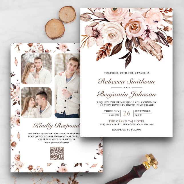Rustic Boho Earthy Ivory Floral QR Code Wedding Einladung (Von Creator hochgeladen)