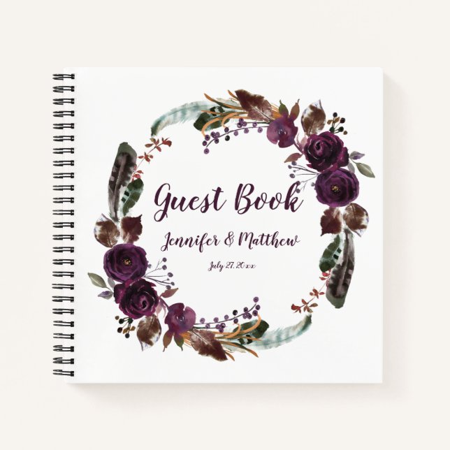 Rustic Boho Eggplant Lila Rose Wreath Gästebuch Notizbuch (Vorderseite)