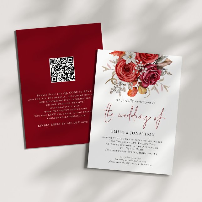 Rustic Boho Fall Florals QR Code Wedding Einladung (Front and back view)