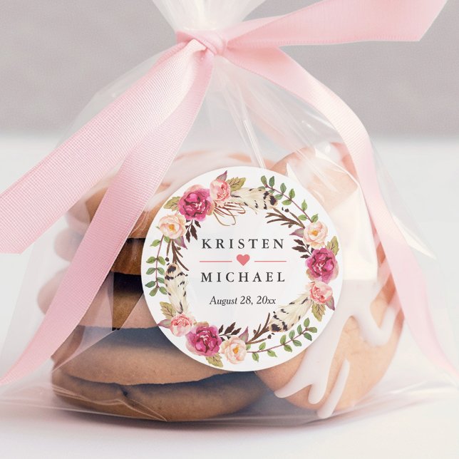 Rustic Boho Feather Floral Wreath Gastgeschenk Hoc Runder Aufkleber (Von Creator hochgeladen)