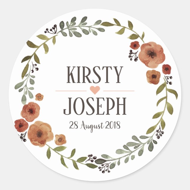 Rustic Boho Feather Floral Wreath Wedding Sticker (Vorderseite)