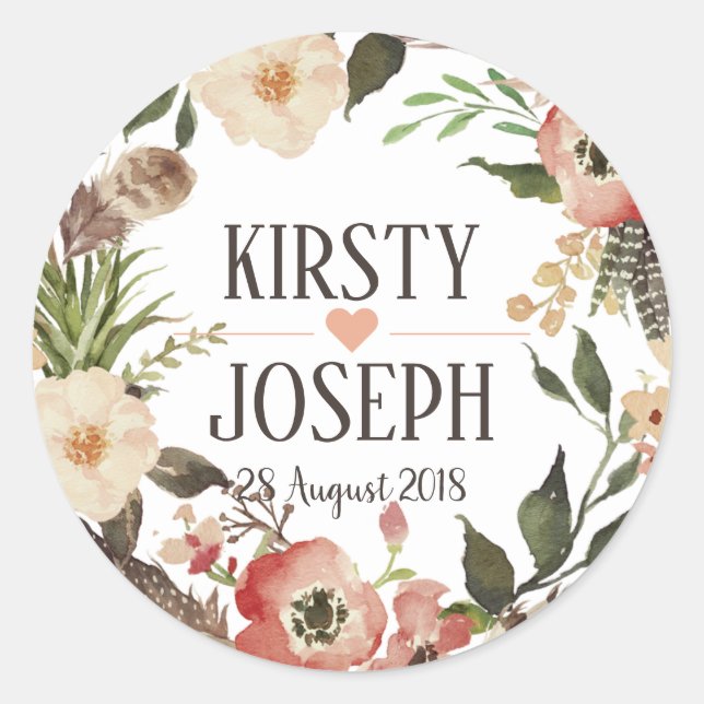 Rustic Boho Feather Floral Wreath Wedding Sticker (Vorderseite)