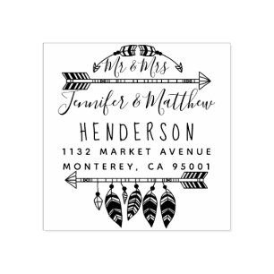 Rustic Boho Feathers and Arrows Mr. & Mrs. Address Gummistempel