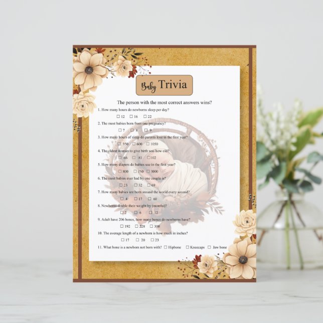 Rustic Boho Floral Baby Dusche Trivia Spiel (Stehend Vorderseite)