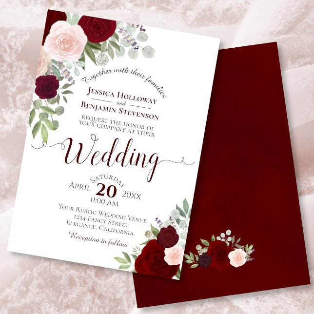 Rustic Boho Floral Burgundy Red & Pink Wedding Einladung (Front/Back)