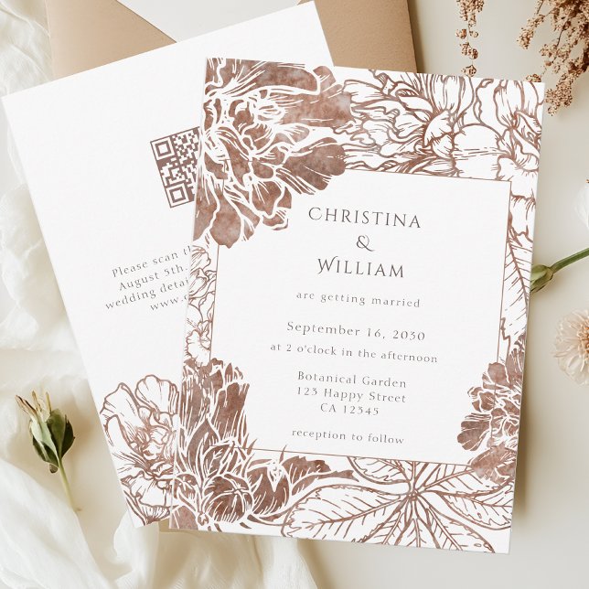 Rustic Boho Floral Mocha Brown Wedding QR Code Einladung (Von Creator hochgeladen)