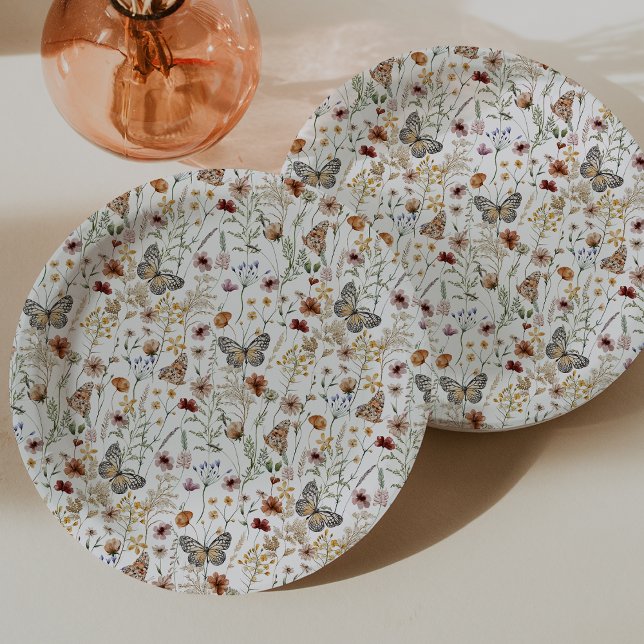 Rustic Boho Floral Paper Plate Pappteller (Rustic White Boho Floral Paper Plate with Butterflies by Painted Paperie
)