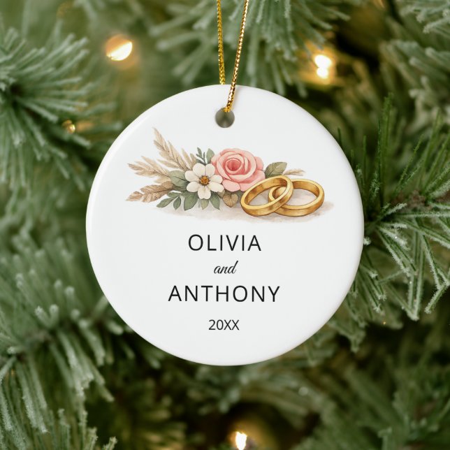 Rustic Boho Floral Pink Rose Wedding Name Ornament (Baum)