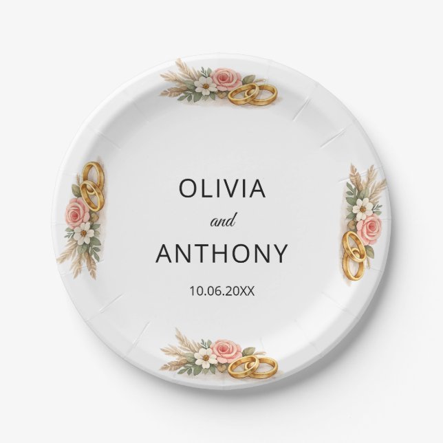 Rustic Boho Floral Watercolor Wedding  Pappteller (Vorderseite)