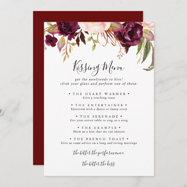 Rustic Boho Floral Wedding Kissing Menu Game Card (Vorne/Hinten)