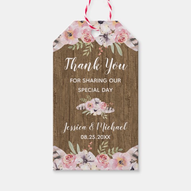 Rustic Boho Floral Wood Gastgeschenk Hochzeit Gesc Geschenkanhänger (Vorderseite)