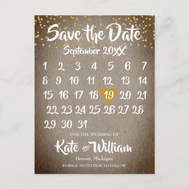 Rustic Boho Gold Liebe Herzkalender Save the Date Ankündigungspostkarte (Vorderseite)
