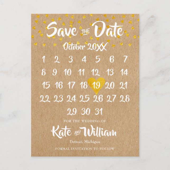 Rustic Boho Heart Calendar Foto Save the Date Ankündigungspostkarte (Vorderseite)