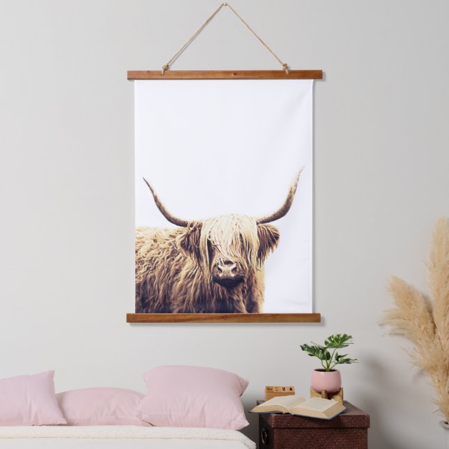 Rustic Boho Highland Scottish Cow Hanging Tapestry Wandteppich Mit Holzrahmen (Schlafzimmer)
