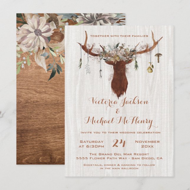 Rustic Boho Hochzeit Einladung mit Hirschliebhaber (Vorne/Hinten)
