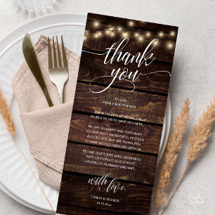 Rustic Boho Hochzeitsempfang Dankeschön-Karte Programm