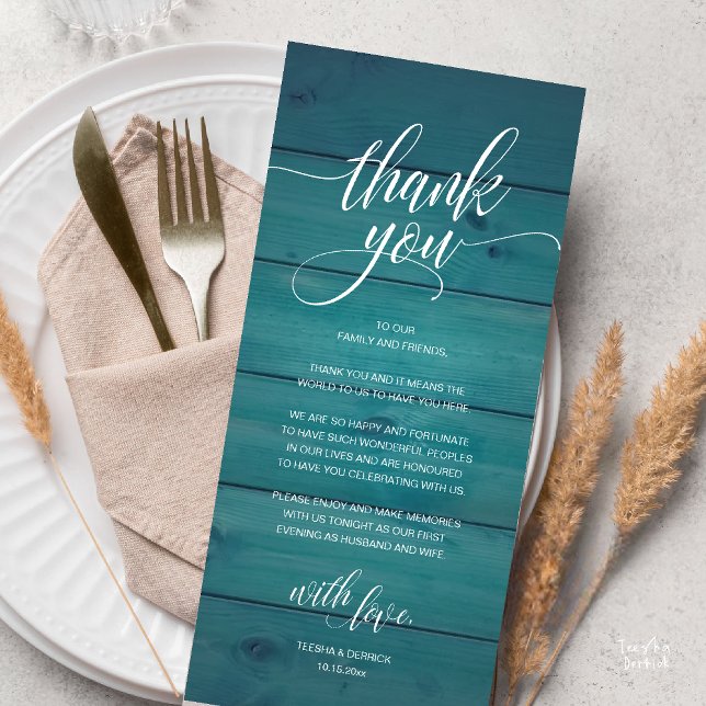 Rustic Boho Hochzeitsempfang Dankeschön-Karte Programm (Modern Rustic Wedding Reception Dinner Lunch Brunch Thank You Card Blue Green Teal)