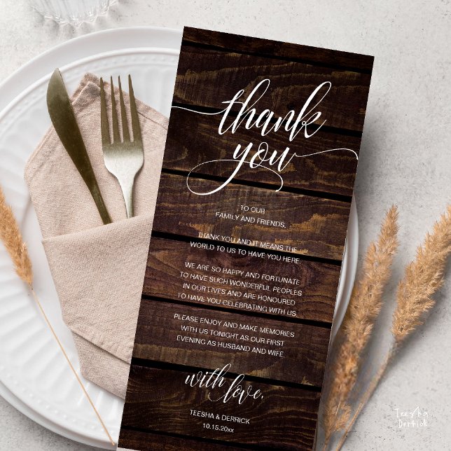 Rustic Boho Hochzeitsempfang Dankeschön-Karte Programm (Modern Rustic Wedding Reception Dinner Lunch Brunch Thank You Card Dark Wood)