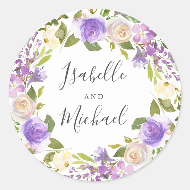 Rustic Boho Lila Floral Monogram Wedding Runder Aufkleber (Vorderseite)