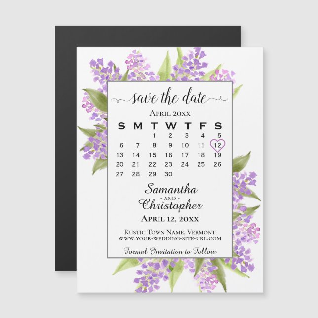 Rustic Boho Lilacs Calendar Speichern Sie das Datu Magnetkarte (Vorne/Hinten)