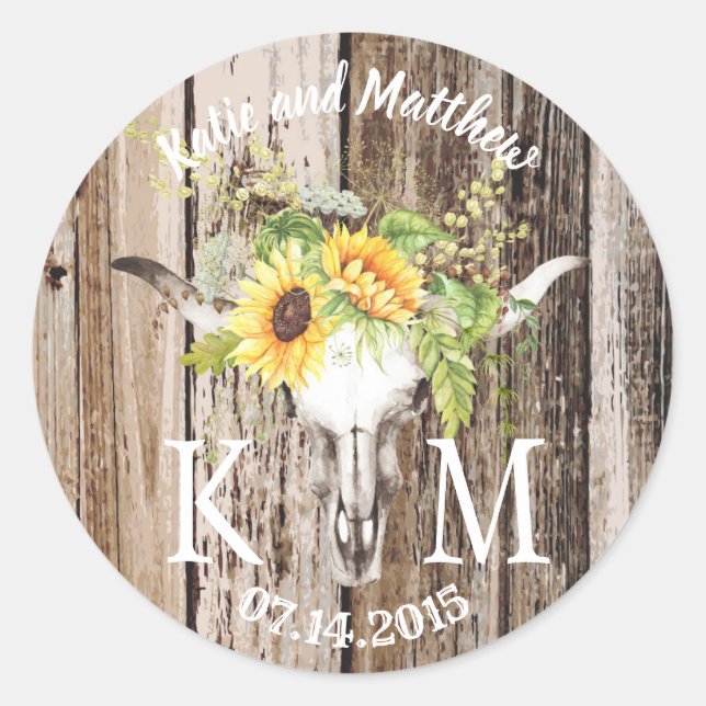 Rustic Boho Longhorn Sonnenblume Monogram Wedding Runder Aufkleber (Vorderseite)