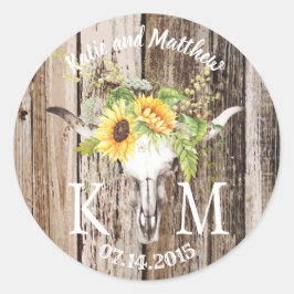 Rustic Boho Longhorn Sonnenblume Monogram Wedding Runder Aufkleber