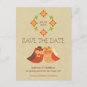 Rustic Boho Lovebird Owl Couple Wedding Ankündigungspostkarte