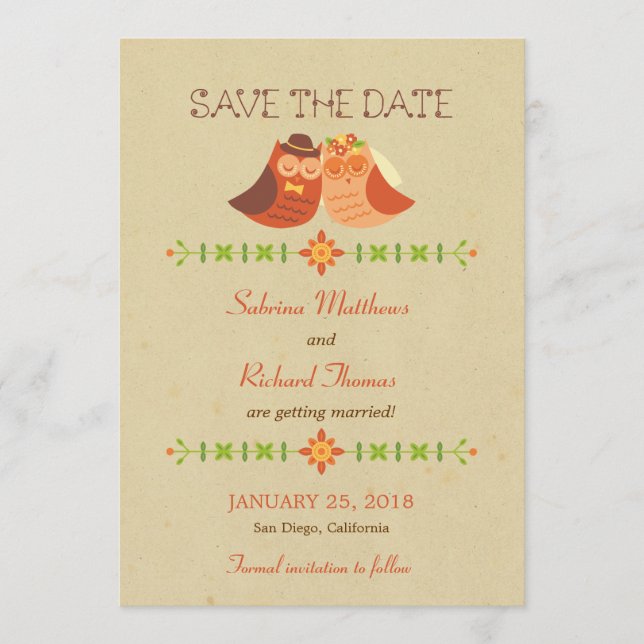 Rustic Boho Lovebird Owl Couple Wedding Save The Date (Vorderseite)