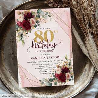 Rustic Boho Maroon Gold Rose 80. Geburtstag Einlad Einladung