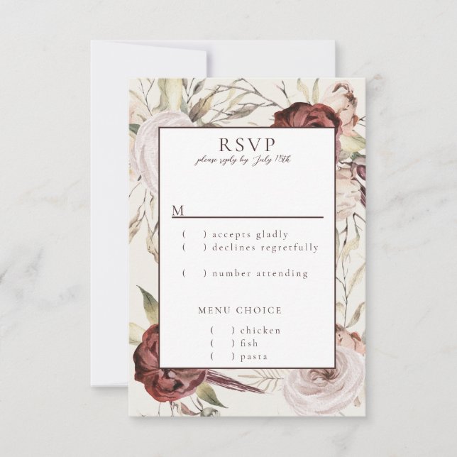 Rustic Boho Marsala Cream Floral RSVP Karte (Vorderseite)
